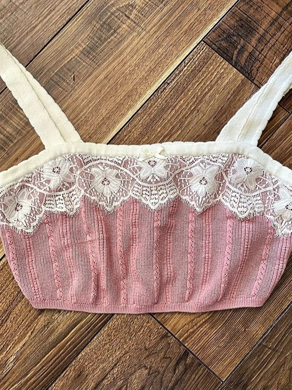 Anthropologie LyreBird Lace Trim Knit Crop Top in Pink & Cream Size XL Like New